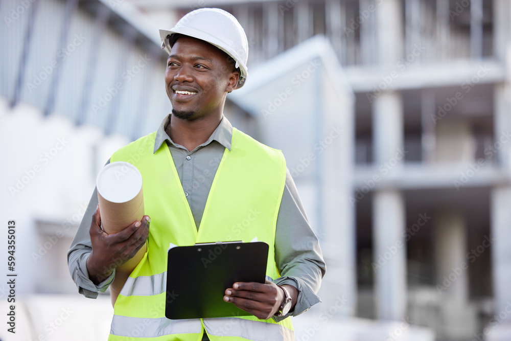 Poster He keeps things running smoothly. a handsome young construction worker standing with blueprints and clipboard on a building site.