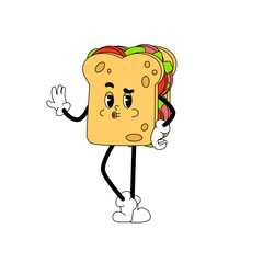 Trendy groovy sandwich. Happy hippie character in retro style. Yummy masctor sticker.