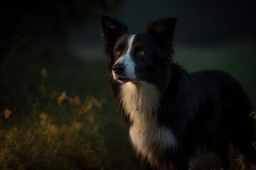 A Border Collie is beautifully captured in this environmental portrait against a lush green park background, with generative AI technology