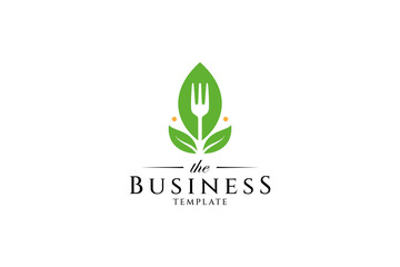 Healthy food logo with fork and leaf object in green flat design