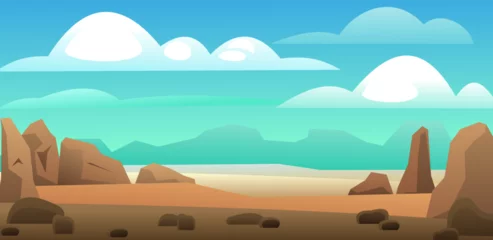 Schilderijen op glas Hot desert sand and cliff. Rocky landscape with stones. Cartoon fun style. Sky blue and clouds. Flat design. Mountains in distance horizon. Vector © Natalia