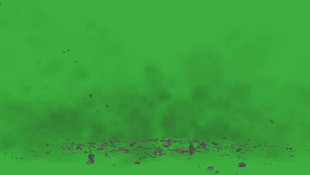Animation video loop destruction of soil debris on green screen background