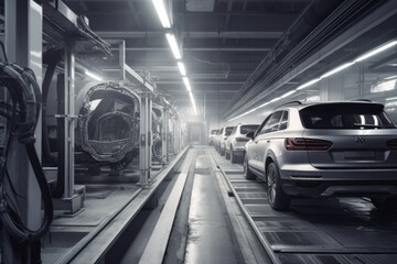 A car assembly factory in a wide hall . car industry. Ai generative