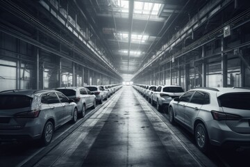 Obraz premium A car assembly factory in a wide hall . car industry. Ai generative