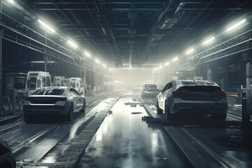 Fototapeta na wymiar A car assembly factory in a wide hall . car industry. Ai generative