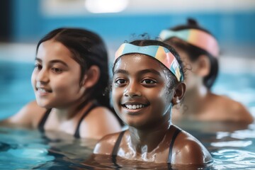 Diverse young children enjoying swimming lessons in pool, learning water safety skills, joyful activity, generative ai - Powered by Adobe