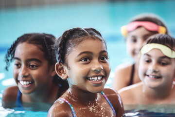 Diverse young children enjoying swimming lessons in pool, learning water safety skills, joyful activity, generative ai