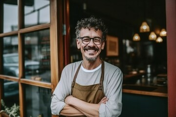 Proud coffee shop owner standing in front of cozy café, confident entrepreneur, small business success, generative ai
