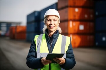 Female logistics coordinator managing harbor operations, surrounded by shipping containers, ensuring efficient and timely delivery of cargo, generative ai - obrazy, fototapety, plakaty