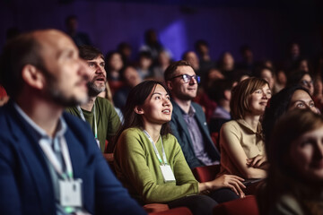 Fototapeta Candid shot of engaged conference attendees attentively listening to captivating speaker, generative ai obraz