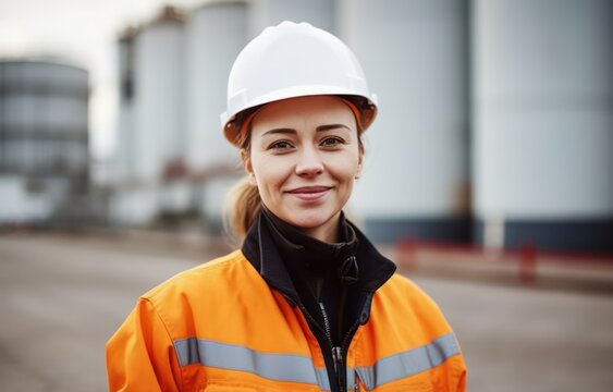 Portrait Of A Smiling Female Engineer At An Oil Refinery, Confidently Overseeing Operations, Maintaining Safety Standards, And Ensuring The Efficient Production Of Petroleum Products, Generative Ai