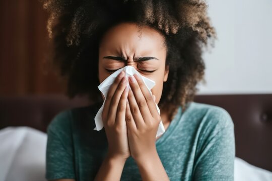 Young African American woman with the flu, blowing her nose using a tissue, managing symptoms and seeking relief from discomfort during cold or allergy season, generative ai