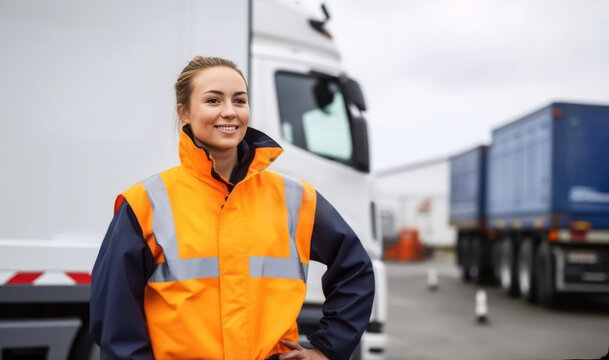 Portrait of a smiling female transportation inspector standing next to transport trucks, regulatory compliance, road safety, and vehicle maintenance and logistics, generative ai