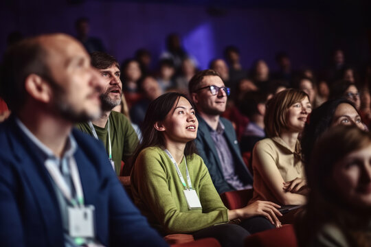 Candid shot of engaged conference attendees attentively listening to captivating speaker, generative ai