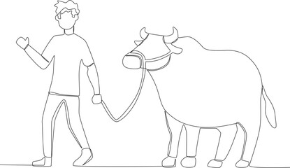 A boy sacrifices a cow on Eid al-Adha. Eid al-Adha one-line drawing