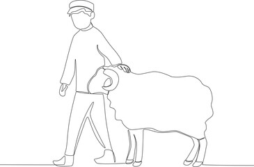 A boy brought a lamb for sacrifice. Eid al-Adha one-line drawing