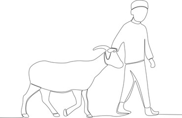 A boy leads a sacrificial goat to the mosque. Eid al-Adha one-line drawing