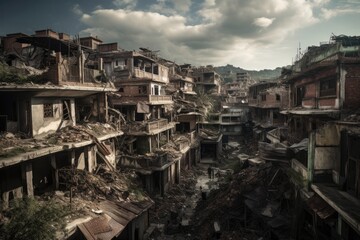 Fototapeta na wymiar A earthquake has destroyed homes in a city, debris on the ground - Generative AI