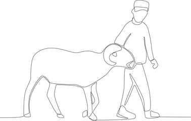 A boy herds cows for sacrifice. Eid al-Adha one-line drawing