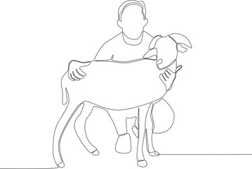 A man hugs his sacrificial animal. Eid al-Adha one-line drawing