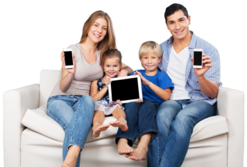 Family sitting at sofa with electronic gadgets