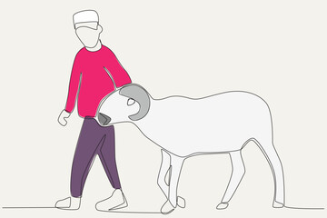 Color illustration of a boy herding a sacrificial goat. Eid al-Adha one-line drawing
