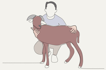 Color illustration of a man hugging his sacrificial animal. Eid al-Adha one-line drawing