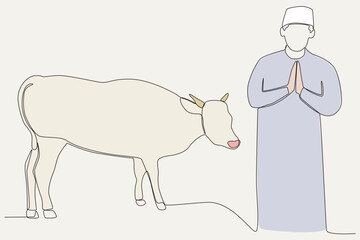 Color illustration of a man greeting worshippers on Eid al-Adha. Eid al-Adha one-line drawing