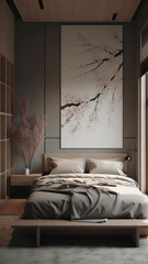 Minimalist bedroom interior design Japanese style, Generative AI
