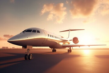 Fototapeta na wymiar Business jet airplane parked at outside and waiting vip persons. Luxury tourism and business travel transportation concept. Flares. 3d rendering. Generative AI