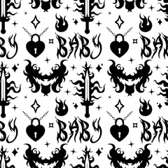 Flame Y2K Seamless fire pattern heart, sword, Psychedelic vector black background Retro Style. Funky summer abstract modern aesthetic print. Wall frame poster, banner or Social Media template. EPS