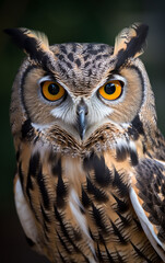 The intense stare of an owl, with its piercing yellow eyes, captures the majestic presence of this nocturnal predator against a soft backdrop.