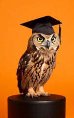 Perched proudly on a black stand, an owl in a mortarboard looks out with wise eyes, set against an orange background that evokes warmth and ambition.