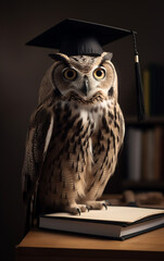 A poised owl stands attentively on a diploma, its graduation cap symbolizing a milestone of educational achievement against a minimalist background.