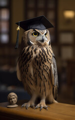 An owl exudes scholarly wisdom, perched with a graduation cap against the hushed backdrop of a library, embodying academic achievement and knowledge.