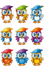 Naklejka premium A colorful array of owls with graduation caps, each unique, representing diversity in education and the joy of graduation day.