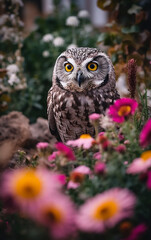 Nestled among soft pink blooms, an owl gazes out with bright yellow eyes, a beautiful blend of nature's elegance and wildness.
