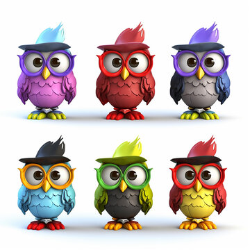 A playful assembly of cartoon owls, each with a distinct personality, wearing colorful graduation caps, ready to inspire learning and creativity.
