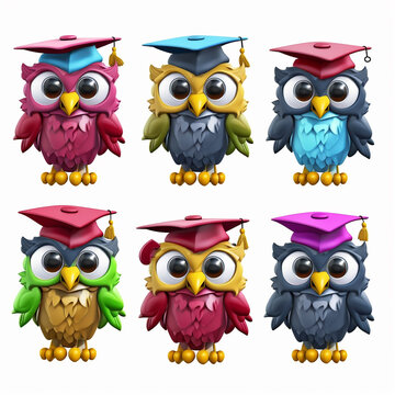 A collection of cartoon owls sporting colorful graduation caps, symbolizing education, achievement, and the joy of learning.