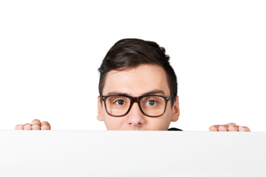 Man in glasses holding blank white paper over his face