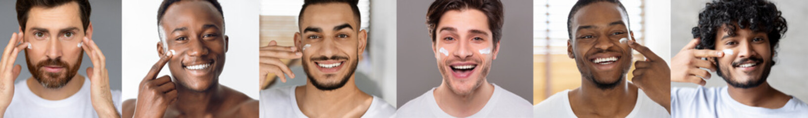 Obraz premium Skincare For Men. Handsome Multiethnic Males Applying Moisturising Cream On Face