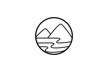 Mountain and water nature landscape line art style logo in a circle frame