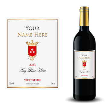 WINE LABEL WITH BOTTLE, FAMILIAR SHIELD, GOLD LETTER, STAMPING, CLASSIC