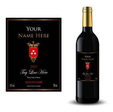 WINE LABEL WITH BOTTLE, FAMILIAR SHIELD, GOLD LETTER, STAMPING, CLASSIC