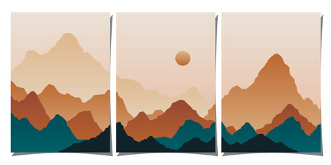 Set of creative abstract mountain landscape and mountain range backgrounds. Minimalist posters with gradient for print, canvas, wall arts, decoration.