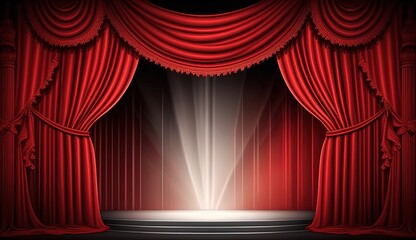 red podium with spotlight on red curtain by ai generative
