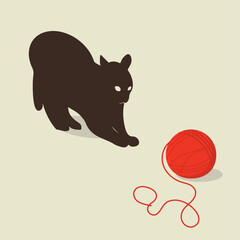 Cat silhouette with red ball of yarn. Cartoon vector illustration.