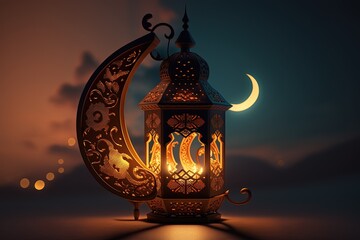 copy space golden lantern in black background , ramadan islam eid adha banner by ai generative
