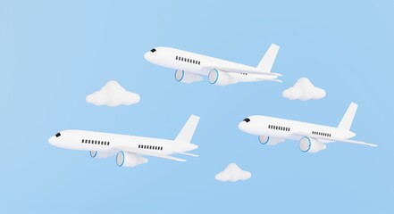 Passenger planes flying in the sky, different altitudes, summer vacation travel concept. 3D rendering.