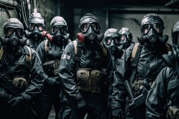 A group of a military unit, posing in uniform and wearing gas masks. But there is a sense of grim determination on their faces, suggesting they are prepared to face any hazardous threat. Generative AI